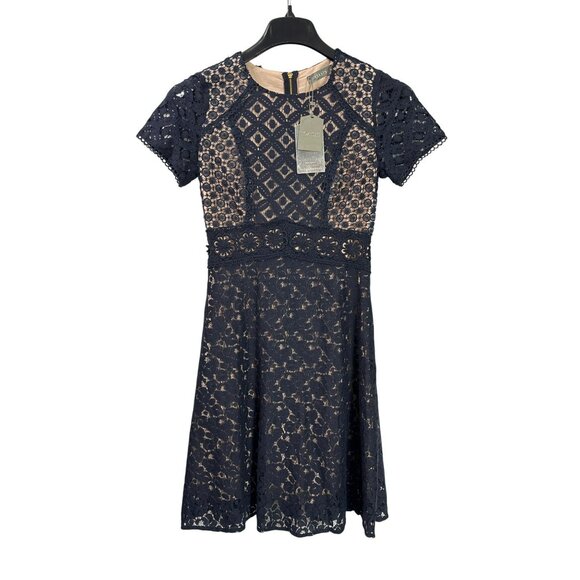Oasis Navy Lace Short Sleeve Fit & Flare Dress Size 8 Pale Pink Lining New - Picture 1 of 11